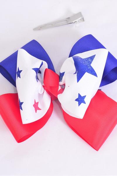 Hair Bow Jumbo Double Layered Patriotic Glitter Stars Grosgrain Bow-tie / 12 pcs Bow = Dozen Alligator Clip , Size - 6" x 5" Wide , Clip Strip & UPC Code