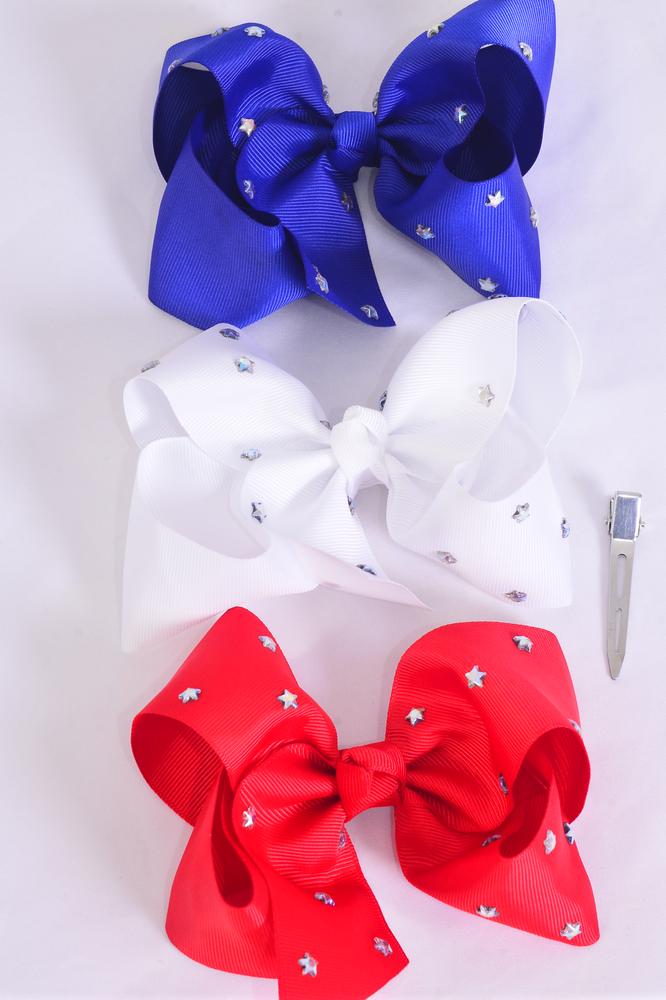 Hair Bow Jumbo 4th of July Patriotic Studded Iridescent Stars Grosgrain