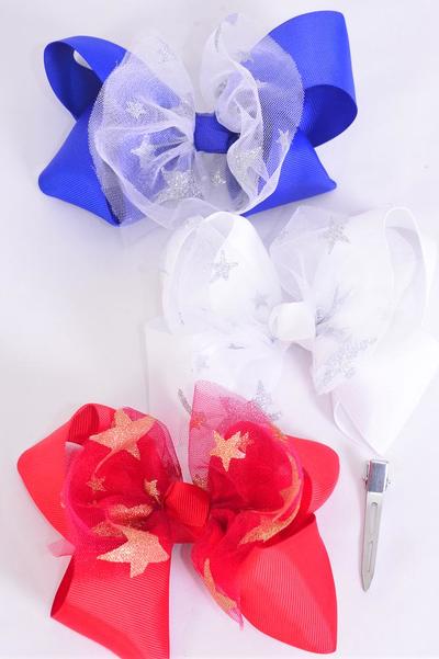 Hair Bow Jumbo Mesh Silver Gold Metallic Star 4th of July Patriotic  Red White  Royal Blue Mix Grosgrain Bow-tie / 12 pcs Bow = Dozen Alligator Clip , Size-6"x 5" Wide , 4 of each Pattern Asst , Clip Strip & UPC Code