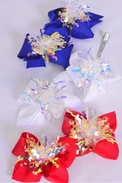 Hair Bow 24 pcs Patriotic Happy 4th Center Pom Pom Iridescent Grosgrain Bow-tie / 24 pcs Bow = Dozen Alligator Clip , Size-4" x 4" Wide , 4 Red , 4 White , 4 Royal Blue Mix , Clip Strip & UPC Code,24 pcs per Clip Strip