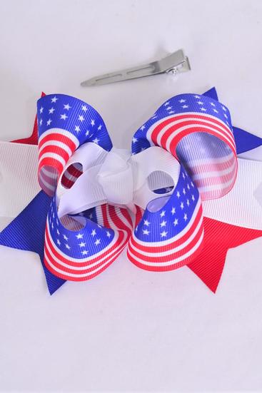 Hair Bow Jumbo Triple Layered 4th of July Patriotic-Flag Double Layer Grosgrain Bowtie/DZ ** Alligator Clip** Bow-6"x 5" Wide,Clip Strip & UPC Code