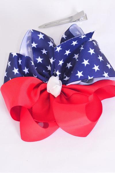 Hair Bow Jumbo 4th of July Patriotic-Star Grosgrain Bowtie/DZ Alligator Clip, Bow-6"x 6" Wide, Clip Strip & UPC Code
