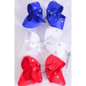 Hair Bow Jumbo 4th of July Patriotic Silver Star Studded Red White  Royal Blue Mix Grosgrain Bow-tie/DZ **Red White Royal Blue Mix** Alligator Clip,Size-6&quot;x 5&quot; Wide,4 Red 4 White,4 Royal Blue,3 Color Asst,Clip Strip &amp; UPC Code