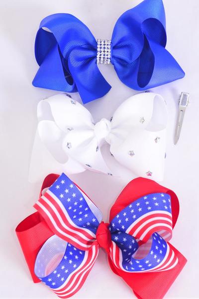 Hair Bow Jumbo 4th of July Patriotic Stars & Stripes Mix Grosgrain Bow-tie / 12 pcs Bow = Dozen Alligator Clip , Bow-6"x 6" Wide , 4 Of Each Pattern Asst , Clip Strip & UPC Code