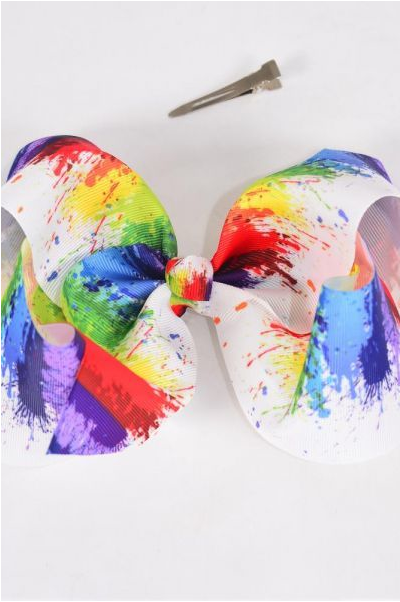 Hair Bow Jumbo White Paint Splatter Grosgrain Bow-tie / 12 pcs Bow = Dozen Alligator Clip , Size - 6" x 5" Wide , Clip Strip & UPC Code