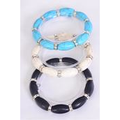 Bracelet Oval Semiprecious Stone &amp; Rhinestone Bezel Mix Stretch/DZ **Stretch** 4 Black,4 Ivory,4 Turquoise Color Asst,Hang Tag &amp; OPP Bag &amp; UPC Code -