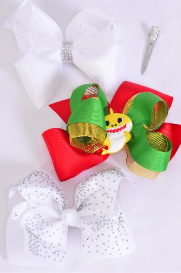 Hair Bow Jumbo Lace Studded Shark Pattern Asst Grosgrain Bow-tie / 12 pcs Bow = Dozen Alligator Clip , Size - 6" x 5" Wide , 4 Of Each Pattern Asst , Clip Strip & UPC Code