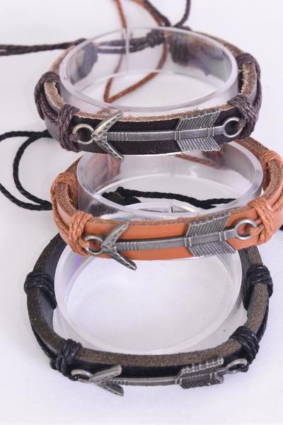Bracelet Real Leather Band Arrow Western Like / 12 pcs = Dozen  Unisex , Adjustable , 4 of each Pattern Asst , Individual Hang tag & OPP Bag & UPC Code
