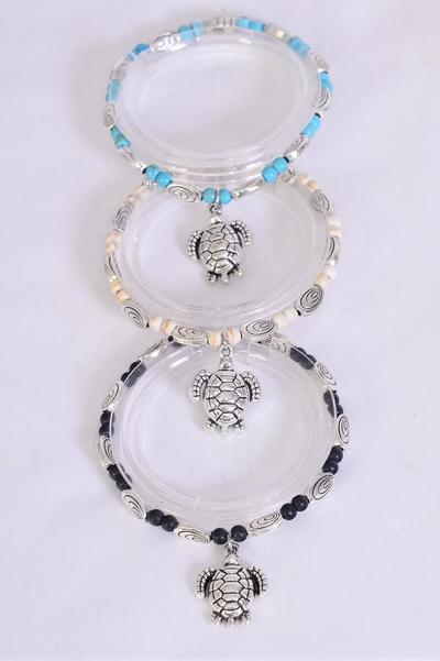 Bracelet Semiprecious Stone Turtle Charm Stretch / 12 pcs = Dozen Stretch , Black , 4 Ivory , 4 Turquoise Color Asst , Hang Tag & Opp Bag & UPC Code