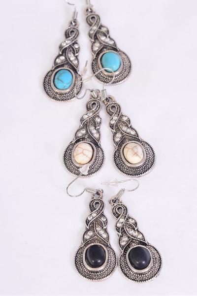 Earrings Metal Antique Semiprecious Stone / 12 pairs = Dozen match 75027 Fish Hook , Size - 1.75" x 0.75" Wide , 4 Black , 4 Ivory , 4 Turquoise Asst , Earring Card & OPP Bag & UPC Code
