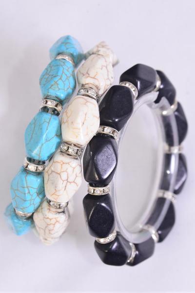 Bracelet 12 mm Hand Carved Real Semiprecious Stone & Rhinestone Bezel Stretch/DZ **Stretch** 4 Ivory,4 Black,4 Turquoise Mix,Hang Tag & Opp Bag & UPC Code