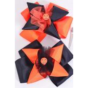 Hair Bow Jumbo Double Layered Mesh Pumpkin Charm Black &amp; Orange Mix Grosgrain Bow-tie/DZ Alligator Clip, Size-6&quot;x 6&quot; Wide, 6 Black, 6 Orange Mix, Clip Strip &amp; UPC Code