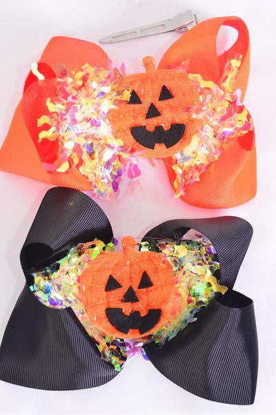 Hair Bow Jumbo Halloween Iridescent Jack O'lantern Pumpkin Grosgrain Bow-tie / 12 pcs Bow = Dozen Alligator Clip , Size-6"x 6" Wide , 6 Black , 6 Autumn Orange Color Asst , Clip Strip & UPC Code