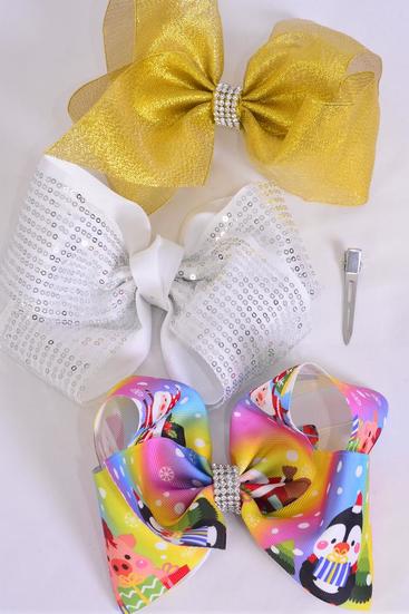 Hair Bow Extra Jumbo Cheer Bow Type Christmas Metallic Gold Santa Penguin Sequin Mix / 12 pcs Bow = Dozen  Christmas , Alligator Clip , Size - 8" x 7" Wide , 4 Of Each Pattern Asst , Clip Strip & UPC Code