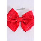 Hair Bow Extra Jumbo XMAS Cheer Type Bow Red Sequin Double layered Grosgrain Bow-tie/DZ **Red** Size-8&quot;x 7&quot; Wide,Alligator Clip,Clip Strip &amp; UPC Code