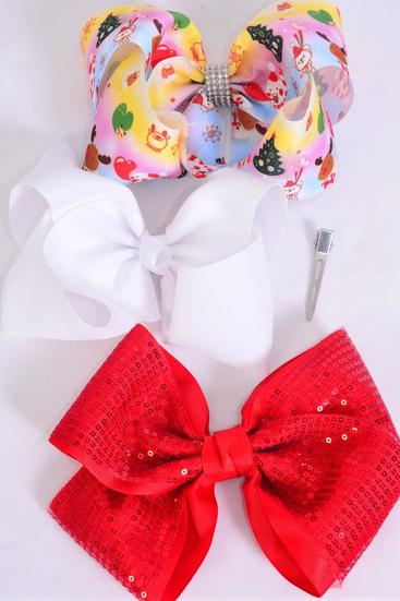 Hair Bow Jumbo Christmas Theme Metallic Sequin Snowday Pattern Mix grosgrain / 12 pcs Bow = Dozen Christmas , Alligator Clip , Size - 8" x 7" Wide , 4 Of Each Pattern Asst , Clip Strip & UPC Code
