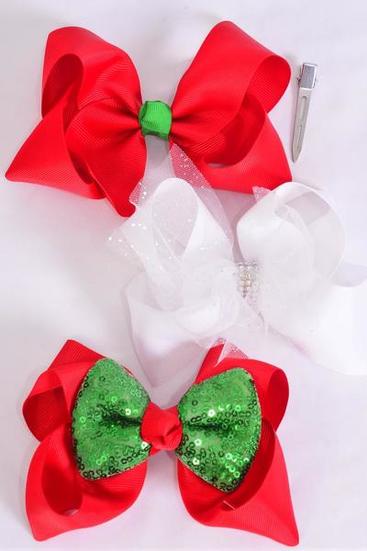 Hair Bow Jumbo XMAS Sequin Bow tie Red White Green Mix Grosgrain Bow-tie / 12 pcs Bow = Dozen  Christmas , Alligator Clip , Size-6"x 5" Wide ,4 of each Pattern Asst ,Clip Strip & UPC Code.
