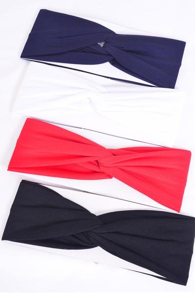 Headband Twisted Knot Cotton Stretch Red White Black Navy Mix / 12 pcs Bow = Dozen Stretch , Weith-2.5" Wide , 3 of each Pattern Asst , Hang Tag & OPP Bag & UPC Code