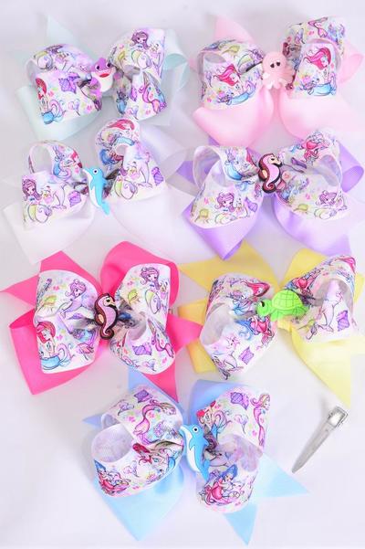 Hair Bow Jumbo Double Layered Center Ocean Creature Charm Grosgrain Bow-tie Pastel / 12 pcs Bow = Dozen  Alligator Clip , Size - 6" x 5" Wide , 2 White , 2 Pink , 2 Lavender , 2 Hot Pink , 2 Mint Green , 1 Blue , 1 Yellow Mix , Clip Strip & UPC Code
