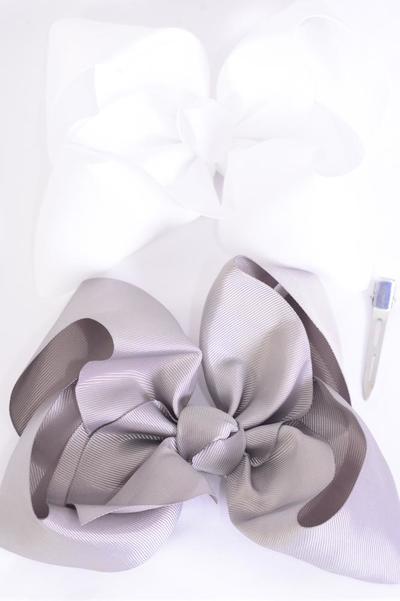 Hair Bow Jumbo Gray & White Mix Grosgrain Bow-tie / 12 pcs Bow = Dozen Alligator Clip , Size - 6" x 5" Wide , 6 Gray , 6 White Color Asst , Clip Strip & UPC Code