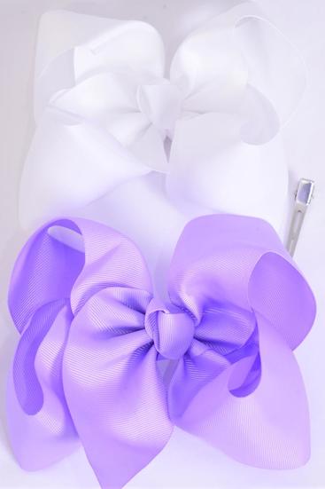 Hair Bow Jumbo Lavender White Mix Grosgrain Bow-tie / 12 pcs Bow = Dozen  Alligator Clip , Size 6" x 5" Wide , 6 Lavender , 6 White Color Asst , Clip Strip & UPC Code