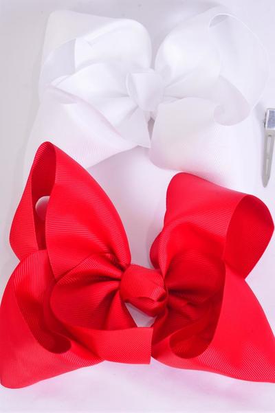 Hair Bow Large Red & White Mix Grosgrain Bow-tie / 12 pcs Bow = Dozen Alligator Clip , Size - 6" x 5" Wide , 6 Red , White Color Asst , Clip Strip & UPC Code