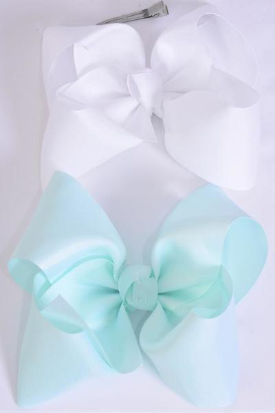 Hair Bow Jumbo Mint Green & White Mix Grosgrain Bow-tie / 12 pcs Bow = Dozen  Mint Green & White Mix , Alligator Clip , Size-6"x 5" Wide , 6 Mint Green , 6 White Color Asst , Clip Strip & UPC Code