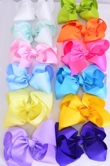 Hair Bow Extra Jumbo Cheer Type Bow Rainbow Mix Grosgrain Bow-tie / 12 pcs Bow = Dozen Rainbow Mix , Size - 8" x 7" Wide , Alligator Clip , 12 Color Asst , Clip Strip & UPC Code