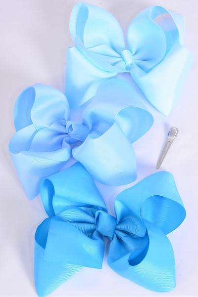 Hair Bow Jumbo Blue Mix Grosgrain Bow-tie / 12 pcs Bow = Dozen   Blue Mix , Alligator Clip , Size - 6" x 5", Clip Strip & UPC Code , Choose Colors 