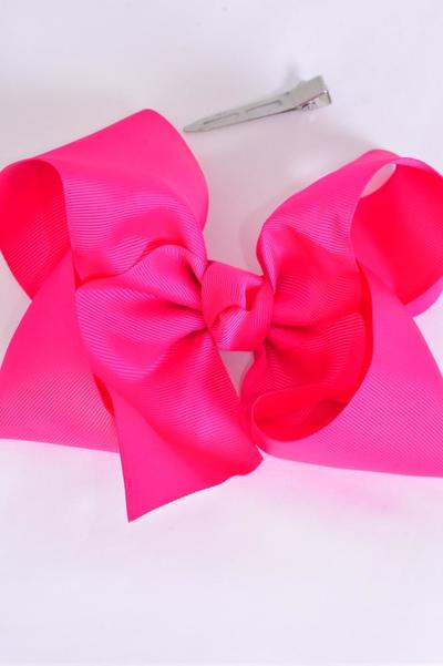 Hair Bow Jumbo Fuchsia Grosgrain Bow-tie / 12 pcs = Dozen  Alligator Clip , Size-6x 5" Wide , Clip Strip & UPC Code