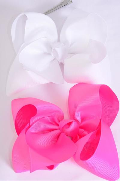 Hair Bow Extra Jumbo Cheer Type Bow Hot Pink White Color Mix Grosgrain Bow-tie / 12 pcs Bow = Dozen Alligator Clip , Size - 8 x 7" Wide , 6 Hot Pink , 6 White Color Asst , Clip Strip & UPC Code