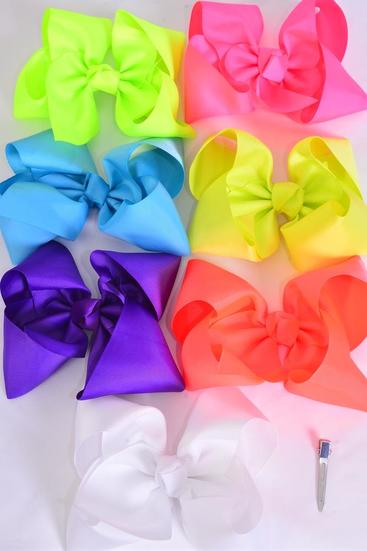 Hair Bow Jumbo Caribbean Neon Mix Grosgrain Bow-tie / 12 pcs Bow = Dozen Alligator Clip , Size - 6" x 5" Wide , 2 Turquoise , 2 Orange , 2 White , 2 Purple , 2 Pink , 1 Yellow , 1 Lime Color Asst , Clip Strip & UPC Code