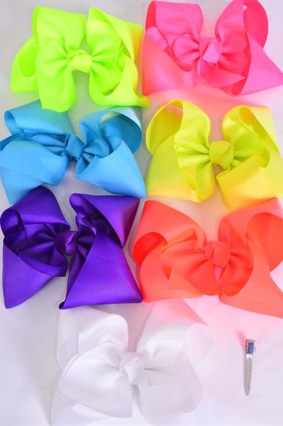 Hair Bow Jumbo Caribbean Neon Mix Grosgrain Bow-tie / 12 pcs Bow = Dozen Alligator Clip , Size - 6" x 5" Wide , 2 Turquoise , 2 Orange , 2 White , 2 Purple , 2 Pink , 1 Yellow , 1 Lime Color Asst , Clip Strip & UPC Code