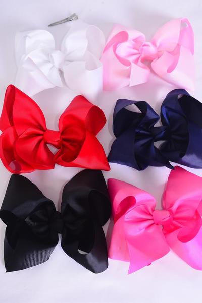 Hair Bow Jumbo Multi Color Mix Grosgrain Bow-tie / 12 pcs Bow = Dozen Alligator Clip , Size - 6" x 5" Wide , 2 Red , White , Black , 2 Pink , 2 Hot Pink ,2 Navy Color Asst , Clip Strip & UPC Code