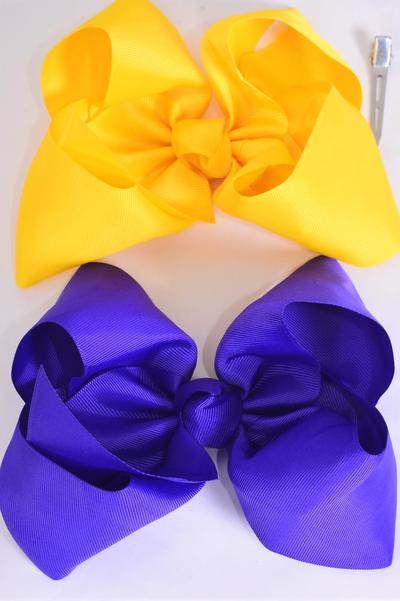 Hair Bow Jumbo Purple & Yellow Alligator Clip Grosgrain Bow-tie / 12 Pcs Bow = Dozen Alligator Clip , Size - 6" x 5" Wide , 6 of each Pattern Asst , Clip Strip & UPC Code