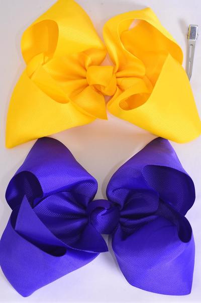 Hair Bow Extra Jumbo Cheer Type Bow Purple & Yellow Mix Grosgrain Bow-tie / 12 pcs Bow = Dozen  Alligator Clip , Size-8x 7" Wide , 6 Purple , 6 Daffodil Yellow Color Asst , Clip Strip & UPC Code