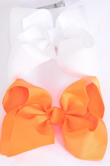 Hair Bow Extra Jumbo Cheer Type Bow Orange White Mix Grosgrain Bow-tie /12 pcs Bow = Dozen   Alligator Clip , Size - 8" x 7" Wide , 6 Orange , 6 White Color Asst , Clip Strip & UPC Code