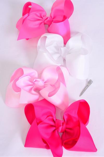 Hair Bow Large Pink Mix Grosgrain Bow-tie / 12 pcs Bow = Dozen Alligator Clip , Size-4"x 3" Wide , 3 Baby Pink , 3 Hot Pink , 3 Fuchsia , 3 White Color Asst ,Clip Strip & UPC Code