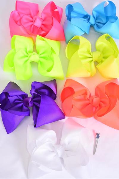 Hair Bow Jumbo Caribbean Neon Grosgrain Bow-tie / 12 pcs Bow = Dozen Alligator Clip , Size - 6" x 5" Wide , 2 White  ,2 Pink , 2 Turquoise , 2 Purple , 2 Orange , 1 Yellow , 1 Lime Color Mix , Clip Strip & UPC Code.