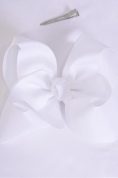 Hair Bow Jumbo White Grosgrain Bow-tie / 12 pcs Bow = Dozen  White , Alligator Clip , Size - 6" x 5" Wide , Clip Strip and UPC Code