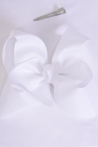 Hair Bow Jumbo White Grosgrain Bow-tie / 12 pcs Bow = Dozen  White , Alligator Clip , Size - 6" x 5" Wide , Clip Strip and UPC Code