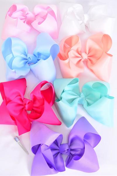 Hair Bow Extra Jumbo Cheer Type Bow Spring Time Grosgrain Bow-tie / 12 pcs Bow = Dozen  Alligator Clip , Size - 8" x 7" Wide , 2 White , 2 Fuchsia , 2 Blue , 2 Baby Pink , 2 Lavender , 1 Peach ,1 Aqua Color Asst , Clip Strip & UPC Code