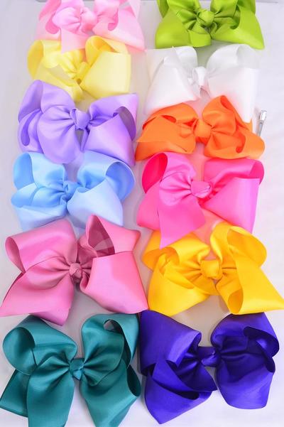 Hair Bow Jumbo Grosgrain Bow-tie 12 color Mix Rainbow / 12 pcs Bow = Dozen Alligator Clip , Size-6"x 5" Wide , 12 Color Mix , Clip Strip & UPC Code