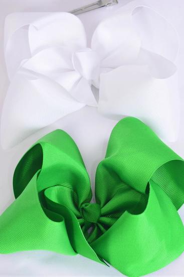 Hair Bow Jumbo Kelly green Irish Green and White Mix Grosgrain Bow-tie / 12 pcs Bow = Dozen  Alligator Clip , Size - 6" x 5" Wide , 6 of each Color Asst , Clip Strip & UPC Code