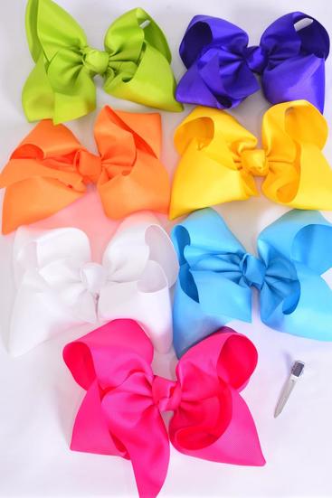 Hair Bow Jumbo Citrus Grosgrain Bow-tie / 12 pcs Bow = Dozen Alligator Clip , Size - 6" x 5" Wide , 2 Fuchsia , 2 Blue , 2 White , 2 Purple , 2 Yellow , 1 Orange , 1 Lime Color Asst , Clip Strip & UPC Code