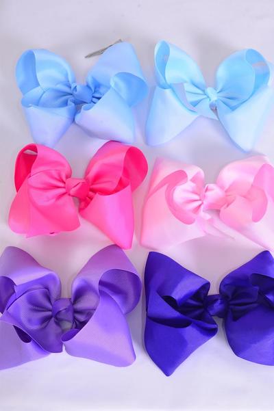 Hair Bow Jumbo Spring Mix Grosgrain Bow-tie / 12 pcs Bow = Dozen   Size- 6"x 5" Wide , Alligator Clip , 2 baby Pink , 2 Hot Pink , 2 Lavender , 2 Purple , 2 Baby Blue , 2 Sky Blue mix , Clip Strip & UPC Code