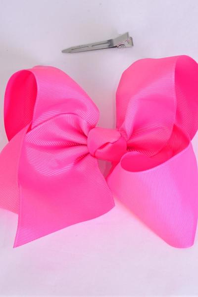 Hair Bow Jumbo Hot Pink Grosgrain Bow-tie /12 pcs Bow = Dozen Alligator Clip , Size-6" x 5", Clip Strip & UPC Code