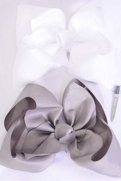 Hair Bow Extra Jumbo Cheer Type Bow Gray White Mix Grosgrain Bow-tie / 12 pcs Bow = Dozen Alligator Clip , Size - 8" x 7" Wide , 6 of each Color Asst , Clip Strip & UPC Code 