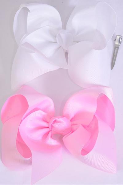 Hair Bow Jumbo Pearl Pink & White Mix Grosgrain Bow-tie/DZ Alligator Clip,Size-6"x 5" Wide,6 White,6 Pearl Pink Mix,Clip Strip & UPC Code