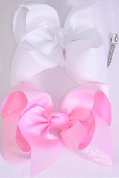 Hair Bow Jumbo Pearl Pink White Mix Grosgrain Bow-tie / 12 pcs Bow = Dozen  Pearl Pink , Alligator Clip , Size - 6" x 5" Wide , 6 White , 6 Pearl Pink Mix , Clip Strip & UPC Code